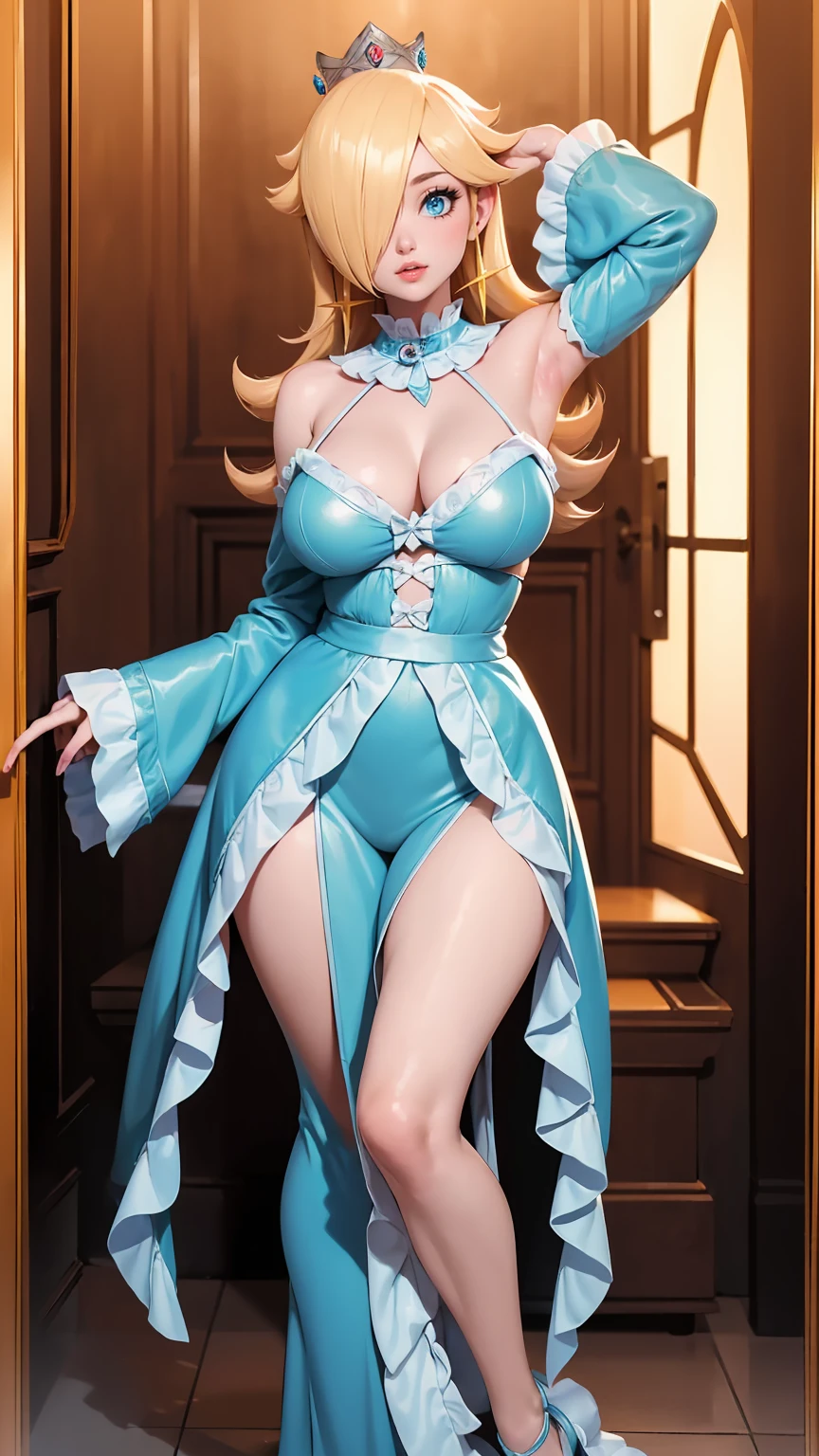 (best quality). (Ultra Detalhado). (1girl), Olhando para o Viewer. (Antecedentes detalhados). belos olhos detalhados. rosto delicado e bonito. (high saturation), seios grandes, droopy breasts, sexy blue lingerie, full body, long legs, big breasts,