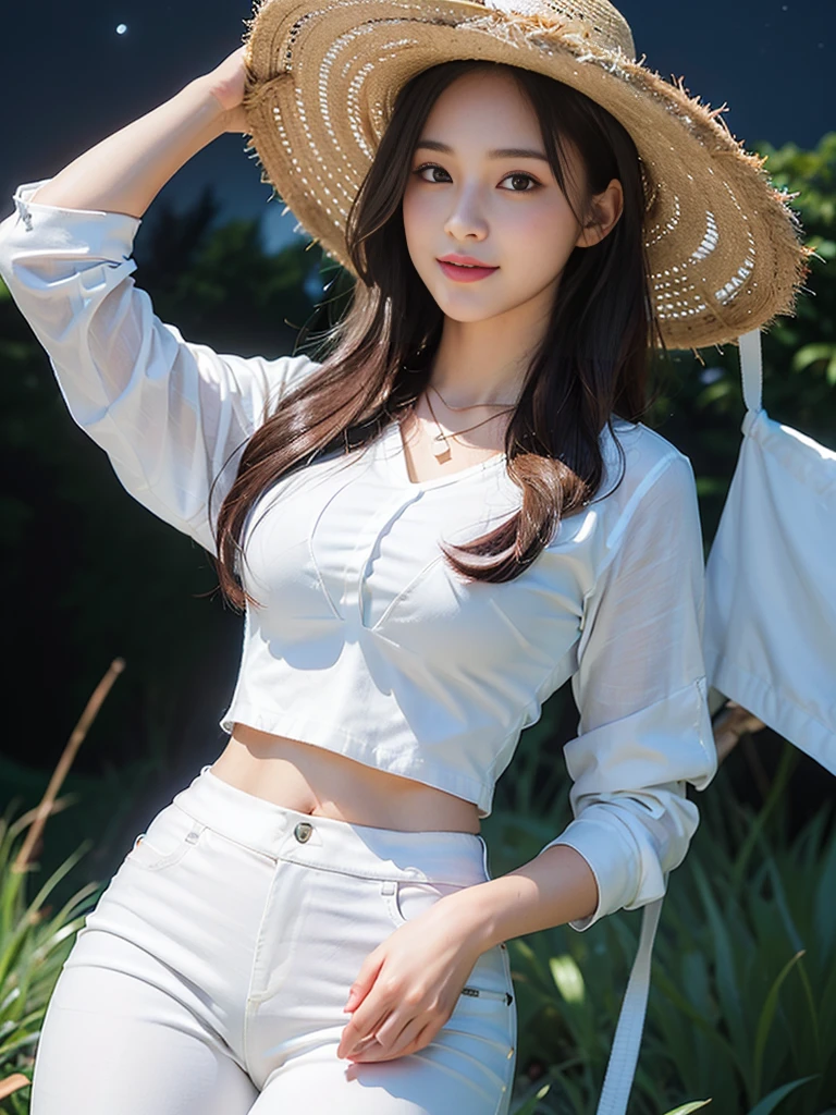 Look at this and smile、Colorful summer clothes、top quality、masterpiece、超High resolution、(actual:1.4)、Very wide lens、close up、Young woman beautiful、Nice detailed eyes and skin、smile、Short brown hair haircut、bust、Small necklace、、straw fedora hat、、Summer sky、(highest image quality: 1.35), high quality, Realistic photo, (A beautiful woman:1.33), beautiful expression, (delicate eyes:1.3), (delicate face:1.3), Smile, (light hair silhouette:1.2), Super detailed , high resolution, Athletic figure, (big breasts:1.25), (long hair:1.2), (beautiful woman), (Cute navel:1.2), ( Depth of field f/1.8:1.45 ), sharp focus, original image , (Thin white shirt:1.45), (Thin white pants:1.4), (Thin white tight pants:1.4 ), (shirt thin white eyelashes:1.4), (thick thighs:1.5), (forward facing:1.25), (cowboy photo:1.4), (night sports:1.4), ( dark sky:1.5 ),