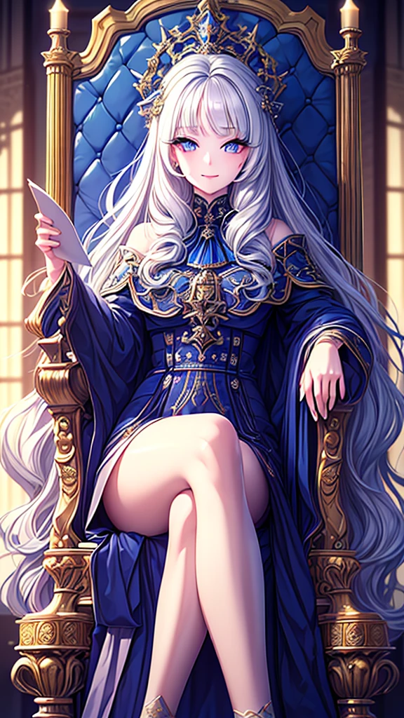 ((best quality)), ((masterpiece)), (detailed), une fille, visage parfait, Longhaire, ((golden hair)), curly hair, decorated cheveux, ultramarine blue eyes,  ((((Diva del cielo, La más alta calidad, ultra alta resolución)))), 1girl, majestic, sitting, (long silver hair), (pale complexion), ((azure eyes:1.2)), ((glowing_eyes:0.8)), (((ultra detailed face:0.9, beautiful and detailed eyes:1)), ((regal:0.9), (graceful:1.1))), (royal attire), (((seated on throne:1))), right hand on hip, ((expressive face:1)), beautiful lighting, indoor, throne room, ((defined subject:1)), 25 years old, ((serene smile)), ((heroic)), ((high contrast))