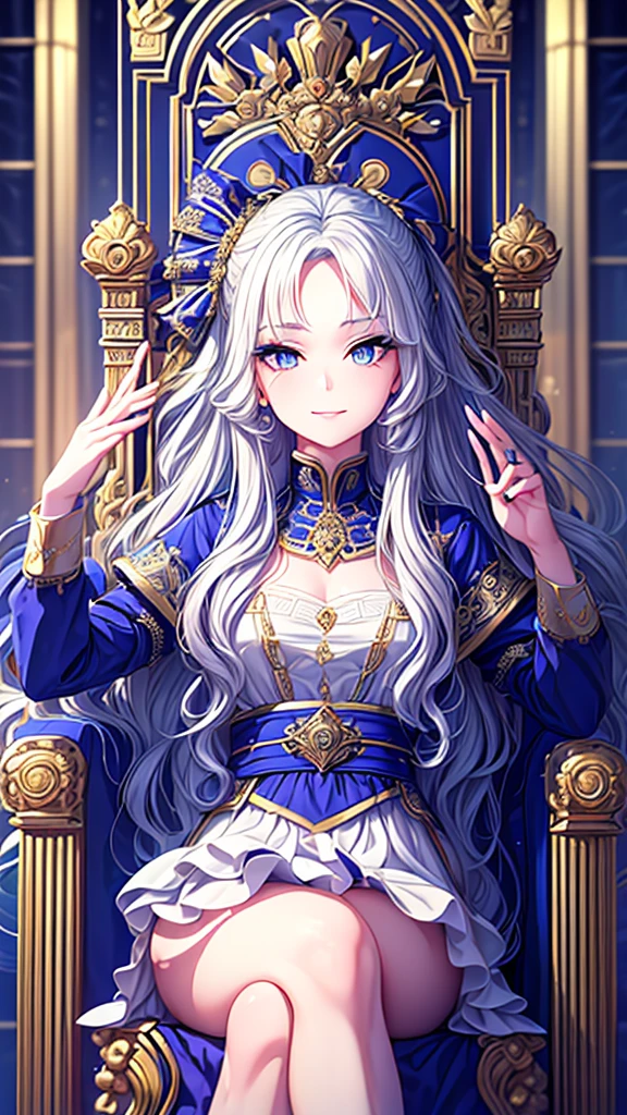 ((best quality)), ((masterpiece)), (detailed), une fille, visage parfait, Longhaire, ((golden hair)), curly hair, decorated cheveux, ultramarine blue eyes, ((((Diva del cielo, La más alta calidad, ultra alta resolución)))), 1girl, majestic, sitting, (long silver hair), (pale complexion), ((azure eyes:1.2)), ((glowing_eyes:0.8)), (((ultra detailed face:0.9, beautiful and detailed eyes:1)), ((regal:0.9), (graceful:1.1))), (royal attire), (((seated on throne:1))), right hand on hip, ((expressive face:1)), beautiful lighting, indoor, throne room, ((defined subject:1)), 25 years old, ((serene smile)), ((heroic)), ((high contrast))