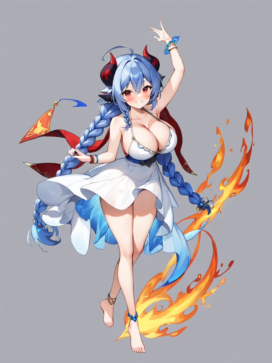 1girl, breasts, solo, Blue Magic Flame, horns, long hair, Rings float beside you, jewelry, grey background, large breasts, bLue hair, barefoot, bracelet, simple background, cleavage, smile, red eyes, dress, looking at viewer, full body, anklet, hair ornament, armlet, Blue braids, bare shoulders, hair between eyes, standing on one leg, white dress, bare legs, bangs, pelvic curtain, collarbone, sideboob, standing, tassel, closed mouth, no panties, blush