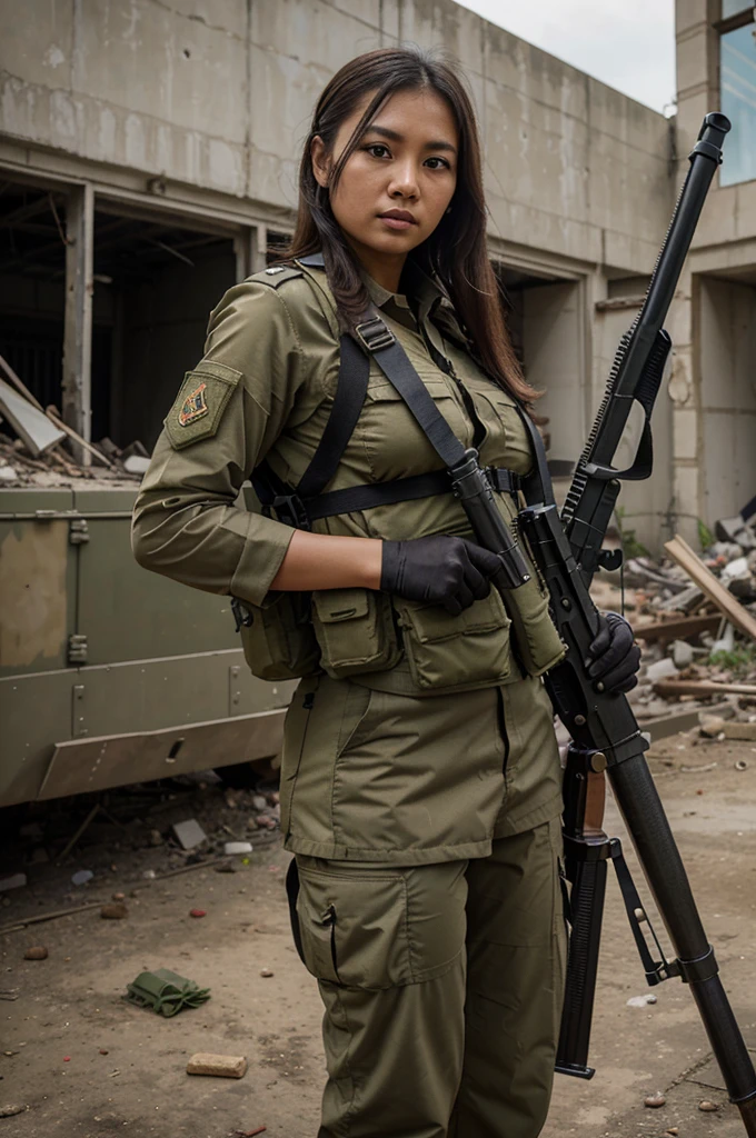 Indonesian woman in military uniform posing with a sniper rifle, infantry girl, military girl, soldier girl, beautiful female soldier, big breasts:1.4), bulletproof vest, building ruins background, masterpiece, best quality, realistic