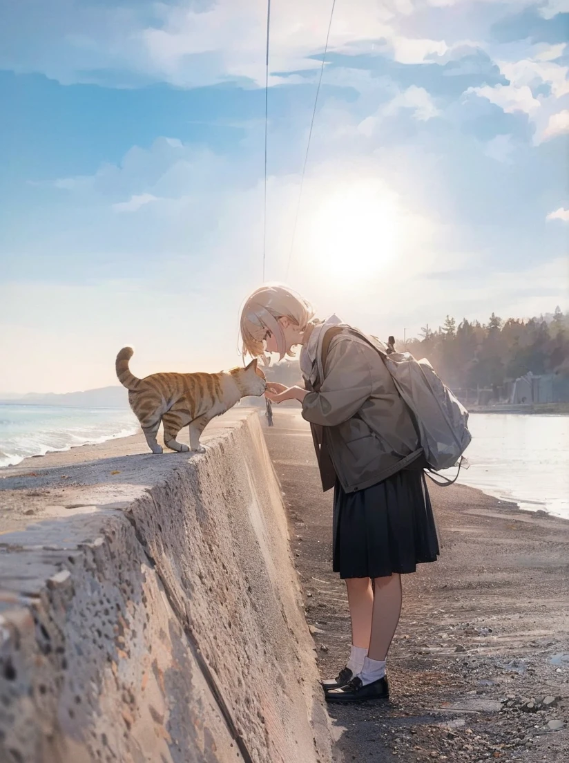 Girl and cat looking at the sea