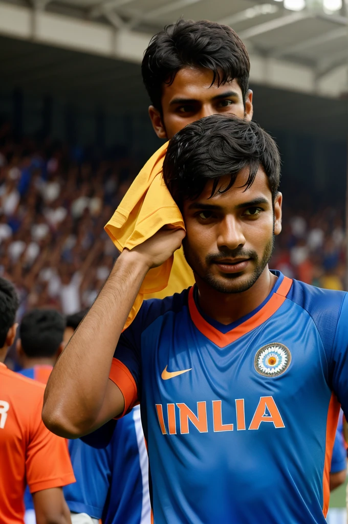 Make a player in Indian football jersey looking at the fans and celebrating his goal