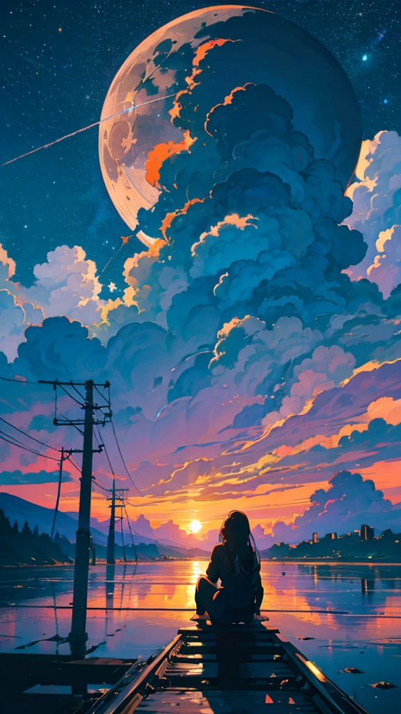 masterpiece, Exquisite detail,Highest quality, One girl, alone, handrail, cloud, buildings,Long Hair, zero, Long sleeve, Power lines, White footwear, Black Hair, Electric pole, bangs, cloudy zero, fish, bird, Green Eyes, Shorts, Day, Black Shirt, barefoot,Star,milky way,Meteors,Pitch black,Buildings,High quality anime art style,Standing painting,Splash ink background,Blue Themes,Clear Face,Distinct facial features,Fuji Mountain,Fuji Mountain,Buildings in Tokyo,Looking at me,View from behind,Shining Star々,milky way,sitting in water,Bright sky,Daytime,Looking straight ahead,Future City,train,Railroad crossing,sunset,A train running on the tracks,the sun and the moon