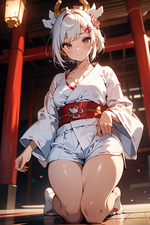 4k,High resolution,one woman,girl,silver hair,short hair,fox ears,Fox tail,blue eyes,,slender,small breasts,tits,shrine,open leg,show your shoulders,naked,first round,On your back,Miko costume,Hakama