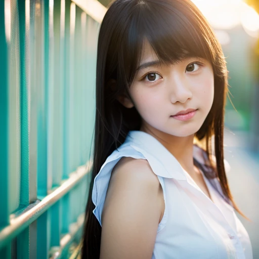 lens: 135mm f1.8,(Highest quality), (Beautiful 14 year old Japanese girl),  (Moist lips), Narrow eyes, double eyelid,Delicate clavicle,Flat Chest,Shortcuts,  shame, A faint smile,
(Spotted sunlight:1.2), Dramatic lighting, 
(School Uniform), (Sunburned skin:0.2),Full body photo、Full Body Focus、Standing upright with your back against a wall and facing forward、Upper Body、Hip