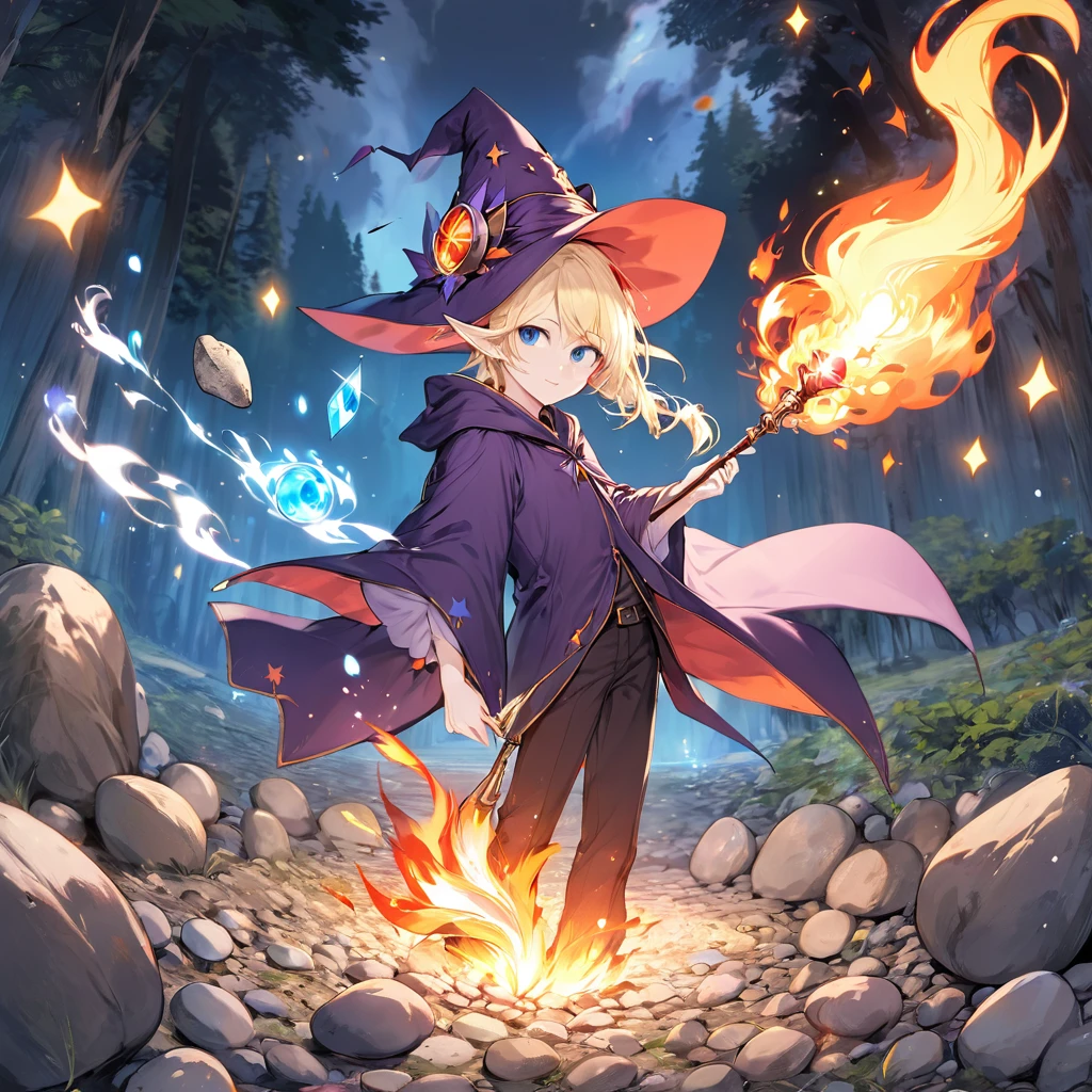 One person、juvenile、male、Light blonde、Slender、View shortcuts、White skin、blue eyes、Elf Ears、Witch's Pointy Hat、Wizard、Wizardのローブ、Holding a wand in one hand、Use fire magic、Several rocks floating in the background