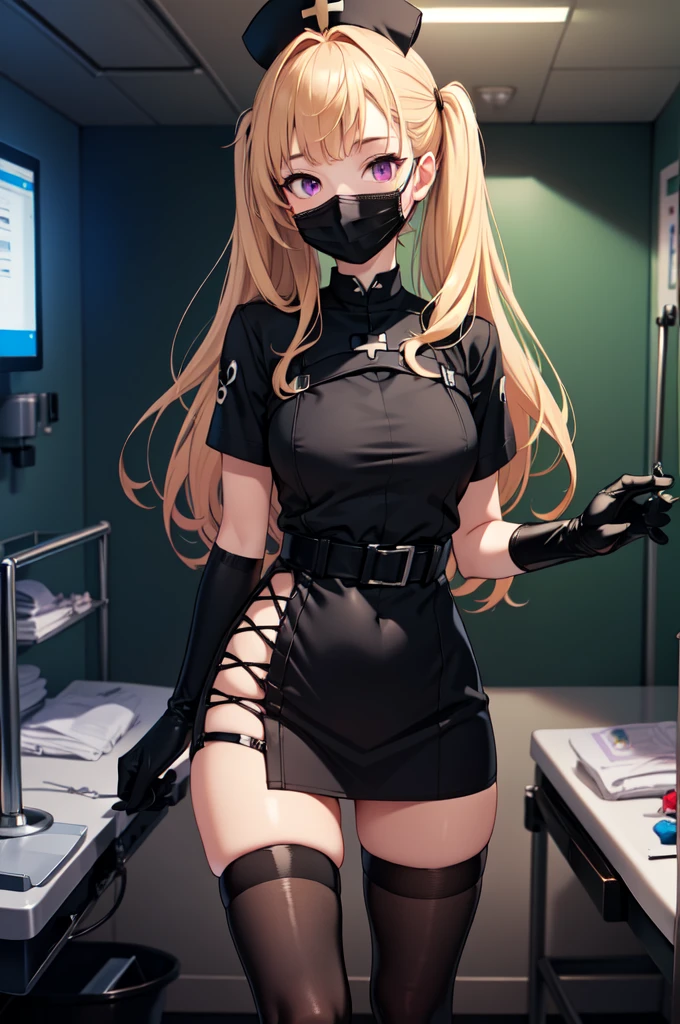 black nurse, 1girl, solo, black nurse cap, black nurse uniform, ((black legwear, zettai ryouiki)), black elbow gloves, twintails, yellow hair, purple eyes, ((black surgical mask, covered nose)), standing, ((surgery room)), sharp outline, short sleeves, best quality, masterpiece