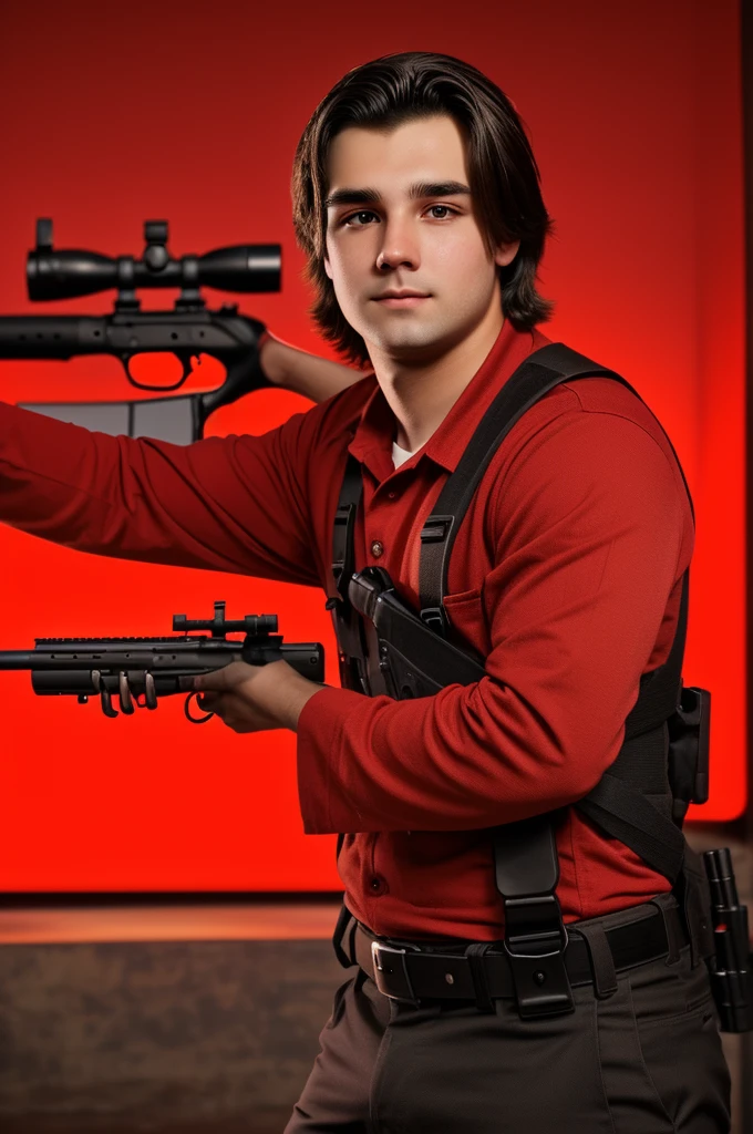 A 21 year man holding rifle gun and slight red light background