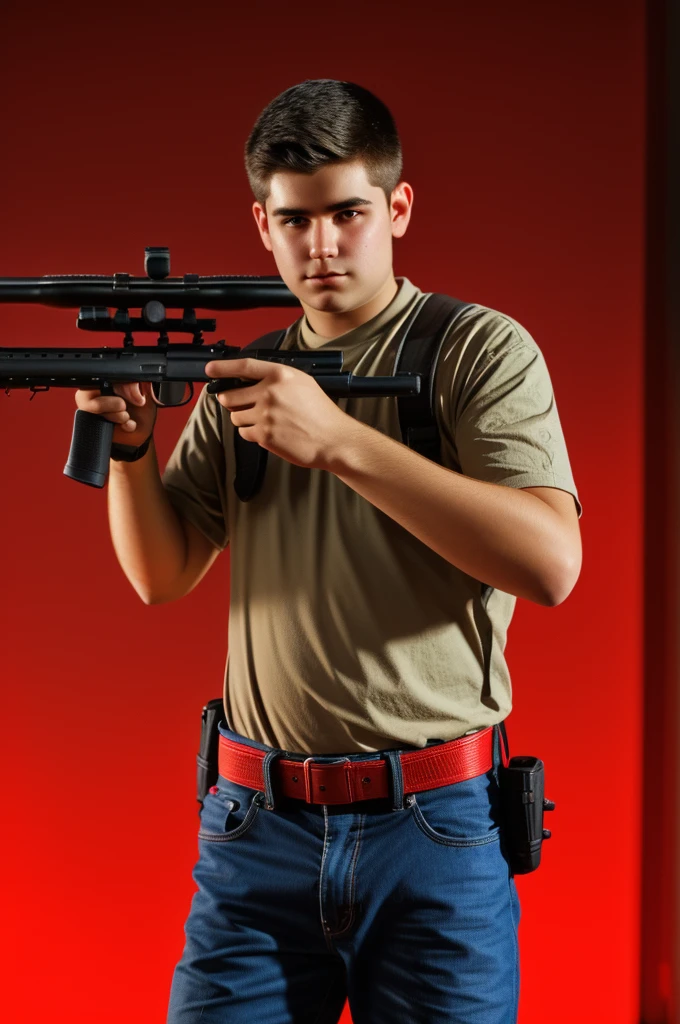 A 21 year man holding rifle gun and slight red light background 