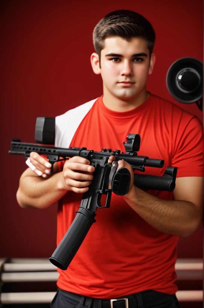 A 21 year man holding rifle gun and slight red light background 