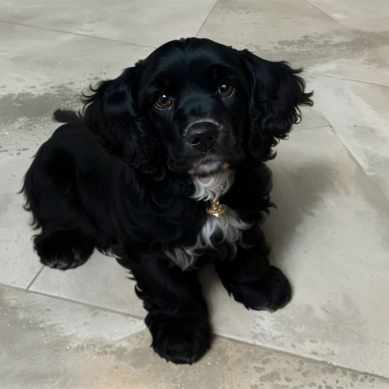 there is a black cocker spaniel dog sitting on the floor looking up, hughly detailed, bella, very handsome, a handsome, taken in the early 2020s, looking proud, puppy, !!highly detailed!!, very foolish, looking towards the camera