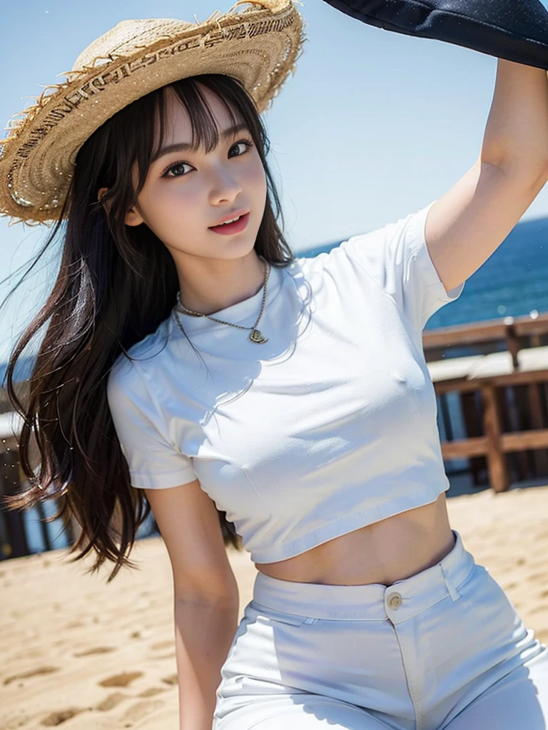 Look at this and smile、Colorful summer clothes、top quality、​masterpiece、超High resolution、(actual:1.4)、Very wide lens、close up、Young woman beautiful、Nice detailed eyes and skin、smile、Short brown hair haircut、bust、Small necklace、、straw fedora hat、、Summer sky、(highest image quality: 1.35), high quality, Realistic photo, (A beautiful woman:1.33), beautiful expression, (delicate eyes:1.3), (delicate face:1.3), Smile, (light hair silhouette:1.2), Super detailed , high resolution, Athletic figure, (big breasts:1.25), (long hair:1.2), (beautiful woman), (Cute navel:1.2), ( Depth of field f/1.8:1.45 ), sharp focus, original image , (Thin white shirt:1.45), (Thin white pants:1.4), (Thin white tight pants:1.4 ), (shirt thin white eyelashes:1.4), (thick thighs:1.5), (forward facing:1.25), (cowboy photo:1.4), (night sports:1.4), ( dark sky:1.5 ),