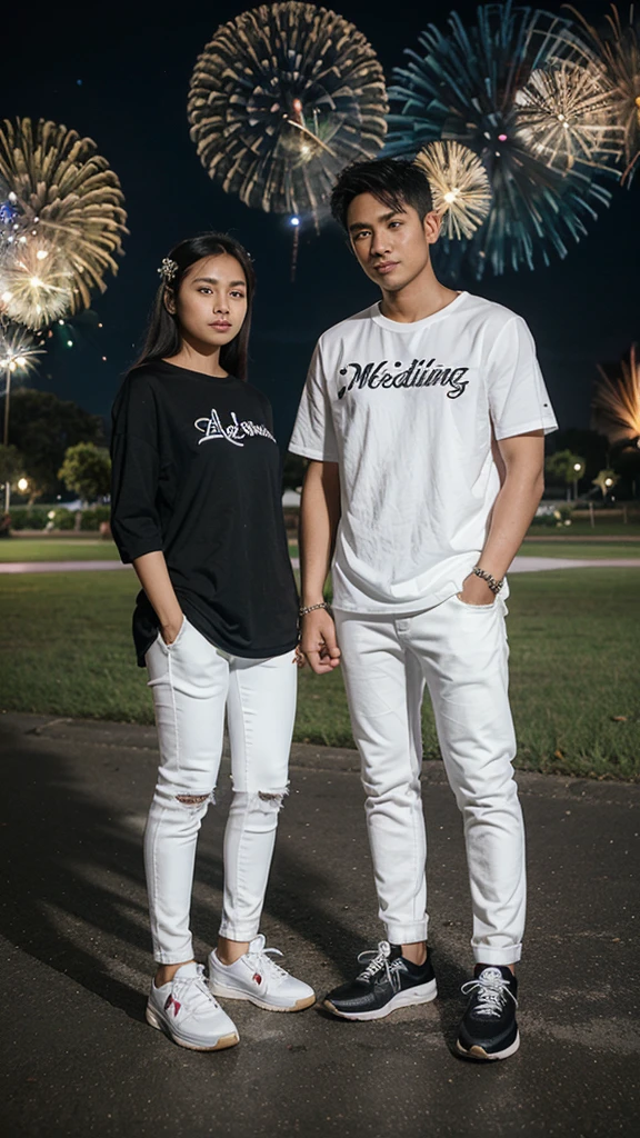 A 25 year old filipina couple wearing a white wedding gown the boy wearing a black wedding attire and white jeans and sneakers.the background is nigth and koraen park and fireworks.