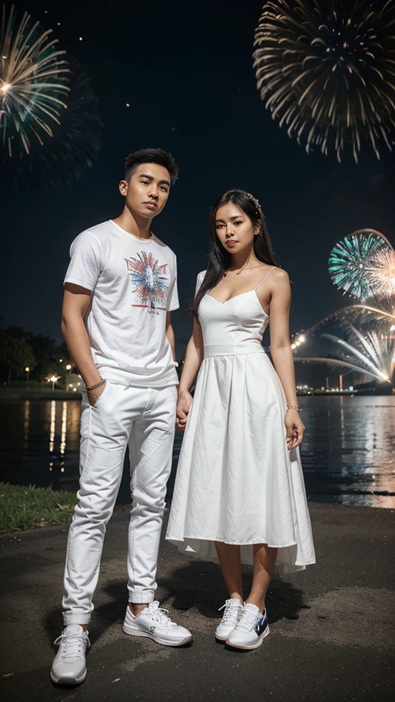 A 25 year old filipina couple wearing a white wedding gown the boy wearing a black wedding attire and white jeans and sneakers.the background is nigth and koraen park and fireworks.