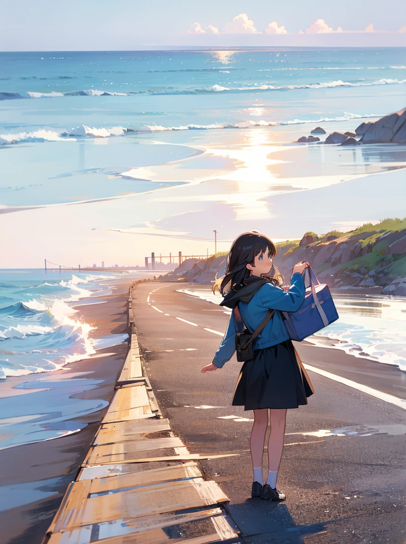 Girl and cat looking at the sea