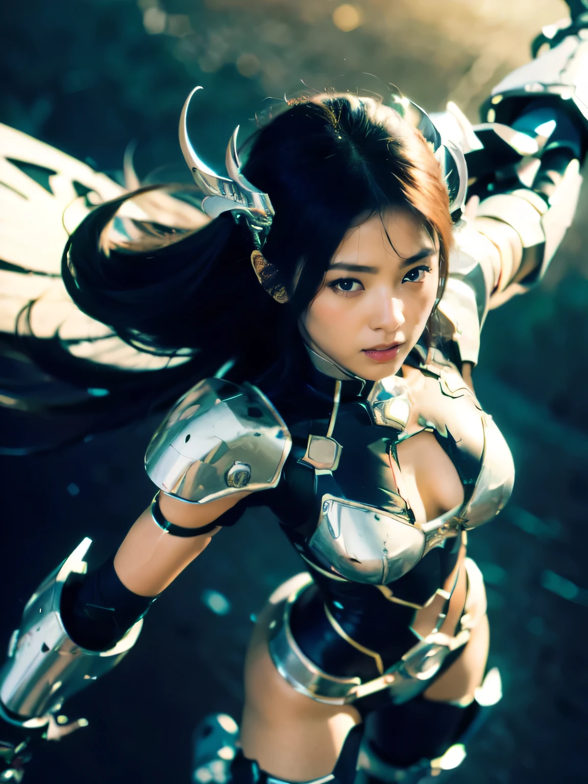best quality, Official Art,From above, Beautiful girl photo, Super detailed, Ultra-detailed depiction, Dynamic pose,flight, Perfect body, mecha musume, Dramatic lighting, Super detailed, Ultra-detailed depiction, masterpiece, In detail, 4K,expensive_solve, clear_image, Highly detailed CG,Exquisite detail, expensive_quality, Realistic,Woman warrior
