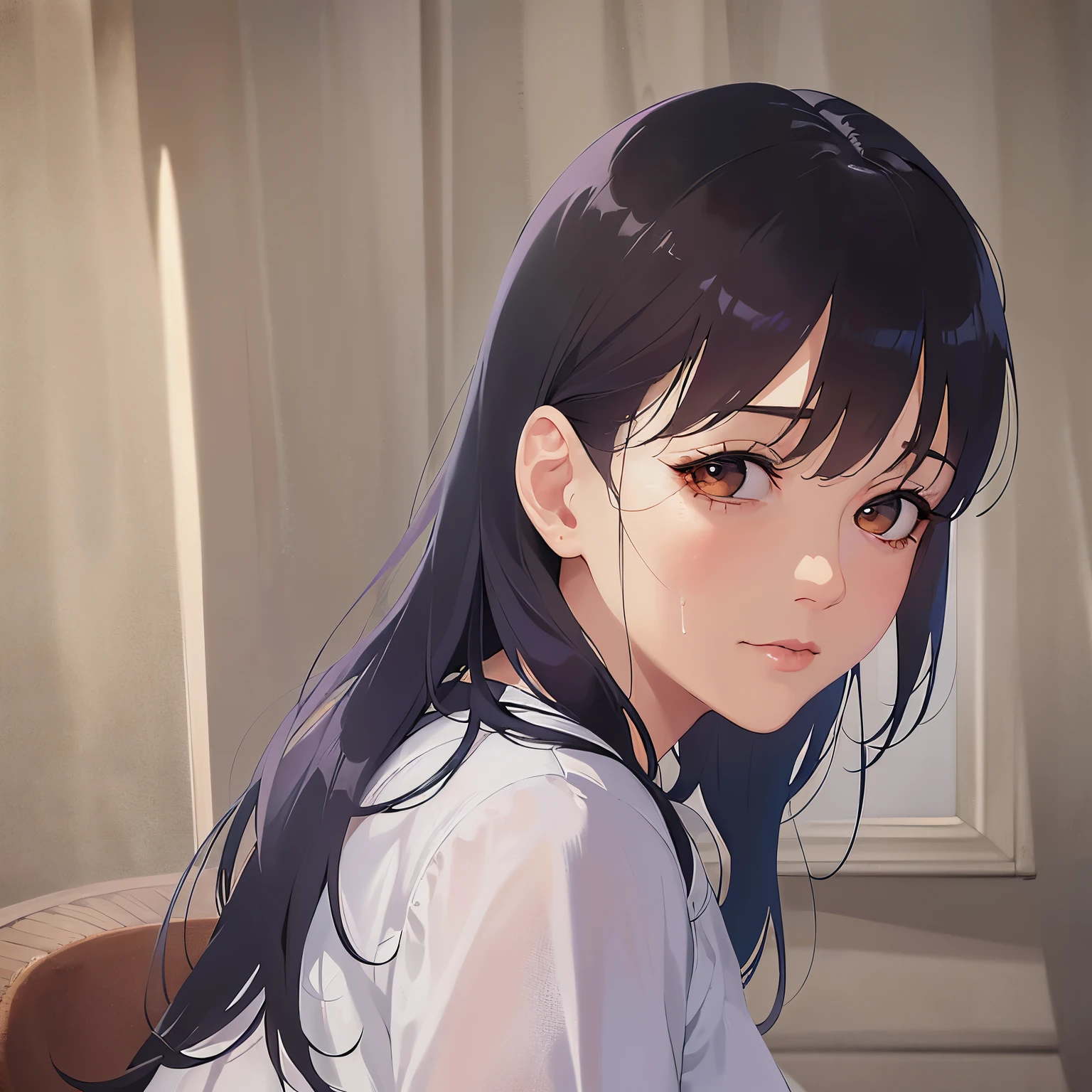 looking at viewer,Side shot、Realistic, real person, RAW photo, photorealistic, portrait photography, shiny skin, japanese idol、Black Hair、Medium hair with bangs、Eyes are orange, (60 year old grandmother:2)、Wearing a grey cut-and-sew top、Troubled expression, Alone、Dining background、Have a dish