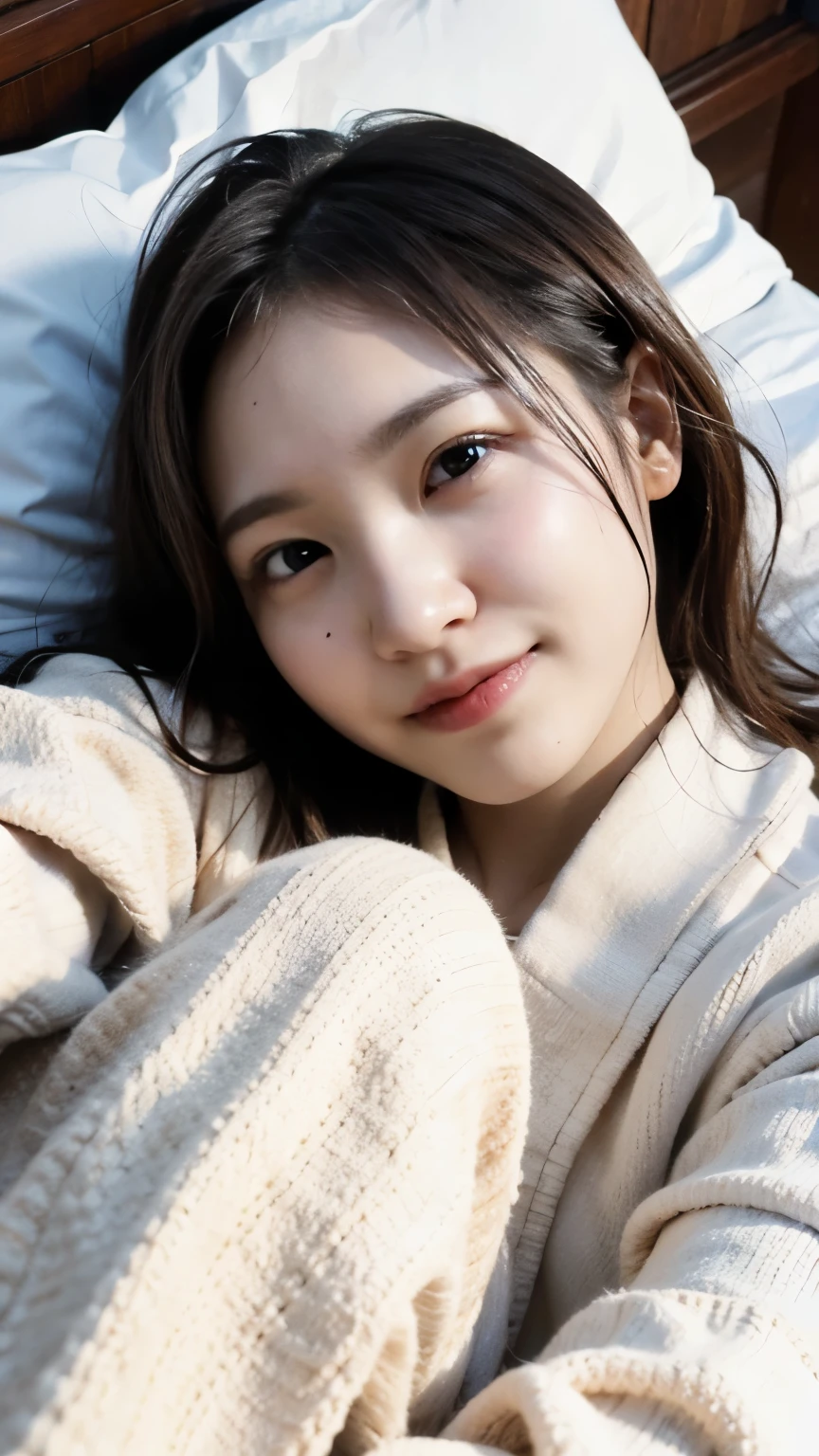 (8K、RAW Photos、Highest quality、masterpiece:1.2)、((smile、lower nose、Nasolabial folds:1.2))、(Realistic、Realistic)、1 Girl、((naked、wake up、After sexual、morning、 Hotel Bedroom、 Lying in bed、Bathrobes、Flat Chest、smile))、cute