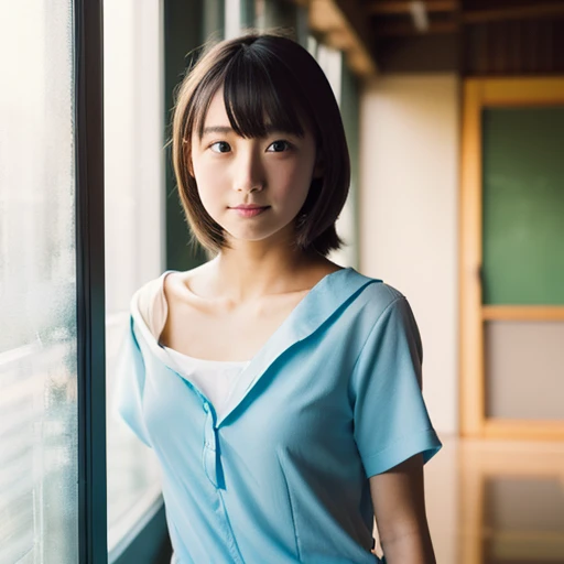 lens: 135mm f1.8,(Highest quality), (Beautiful 14 year old Japanese girl), (Moist lips), Narrow eyes, double eyelid,Delicate clavicle,Flat Chest,Shortcuts, shame, A faint smile,
(Spotted sunlight:1.2), Dramatic lighting,
(School Uniform), (Sunburned skin:0.2),Full body photo、Full Body Focus、Standing upright with your back against a wall and facing forward、Upper Body、Hip、Whole body pulled