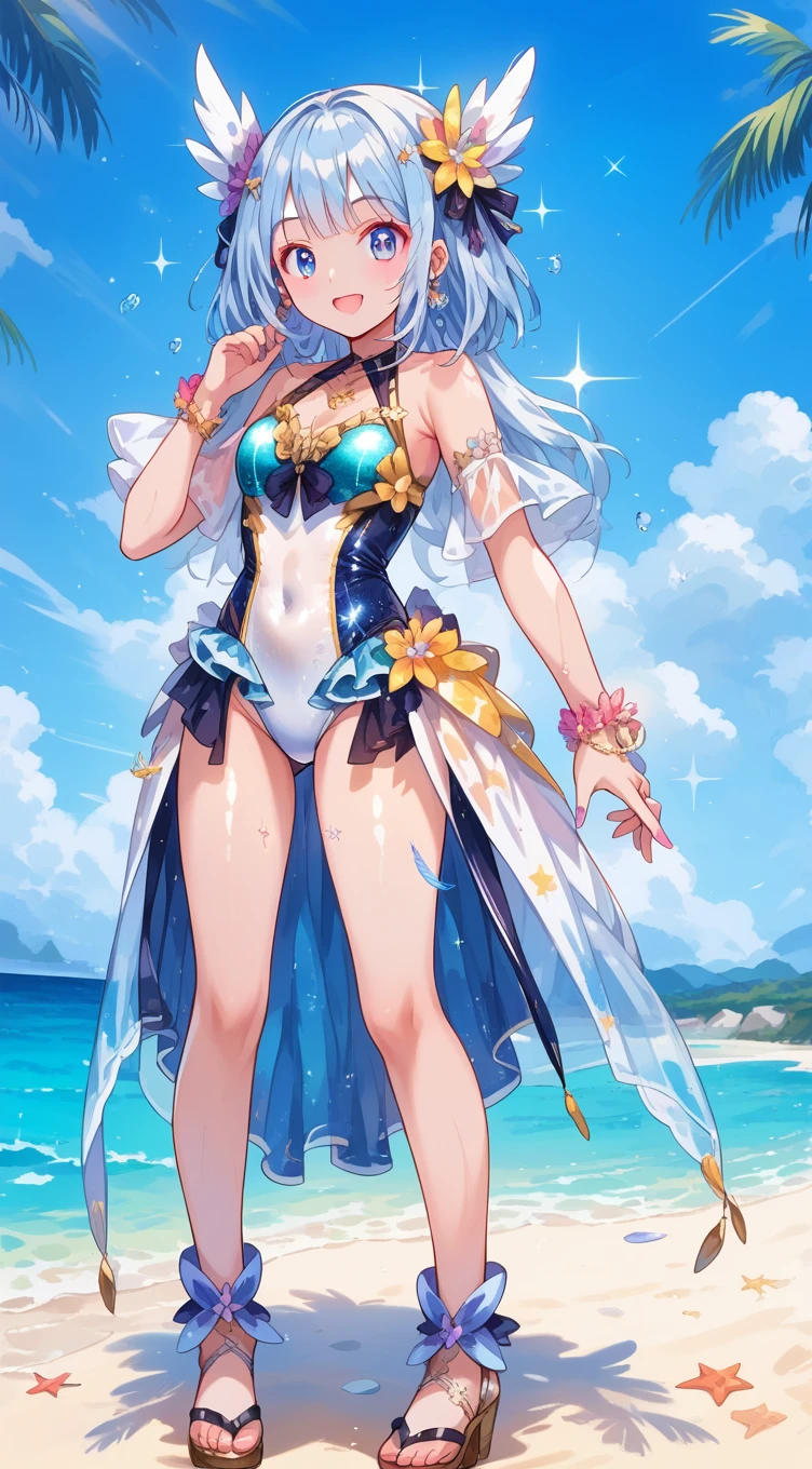 score_9, score_8_up, score_7_up, source_anime,masterpiece, best quality, high resolution, extremely detailed CG, absurdres, highres, 1girl, a dark skin girl in a swimsuit, posing at the beach, (light blue hair), golden_decorations, feathers on swimsuit, ((glitter swimsuit, shiny swimsuit)), Ombre swimsuit, gorgeous swimsuit, beach and blue sky in background, ((transparent_dress)),Colorful portraits, happy,AissistXLv2