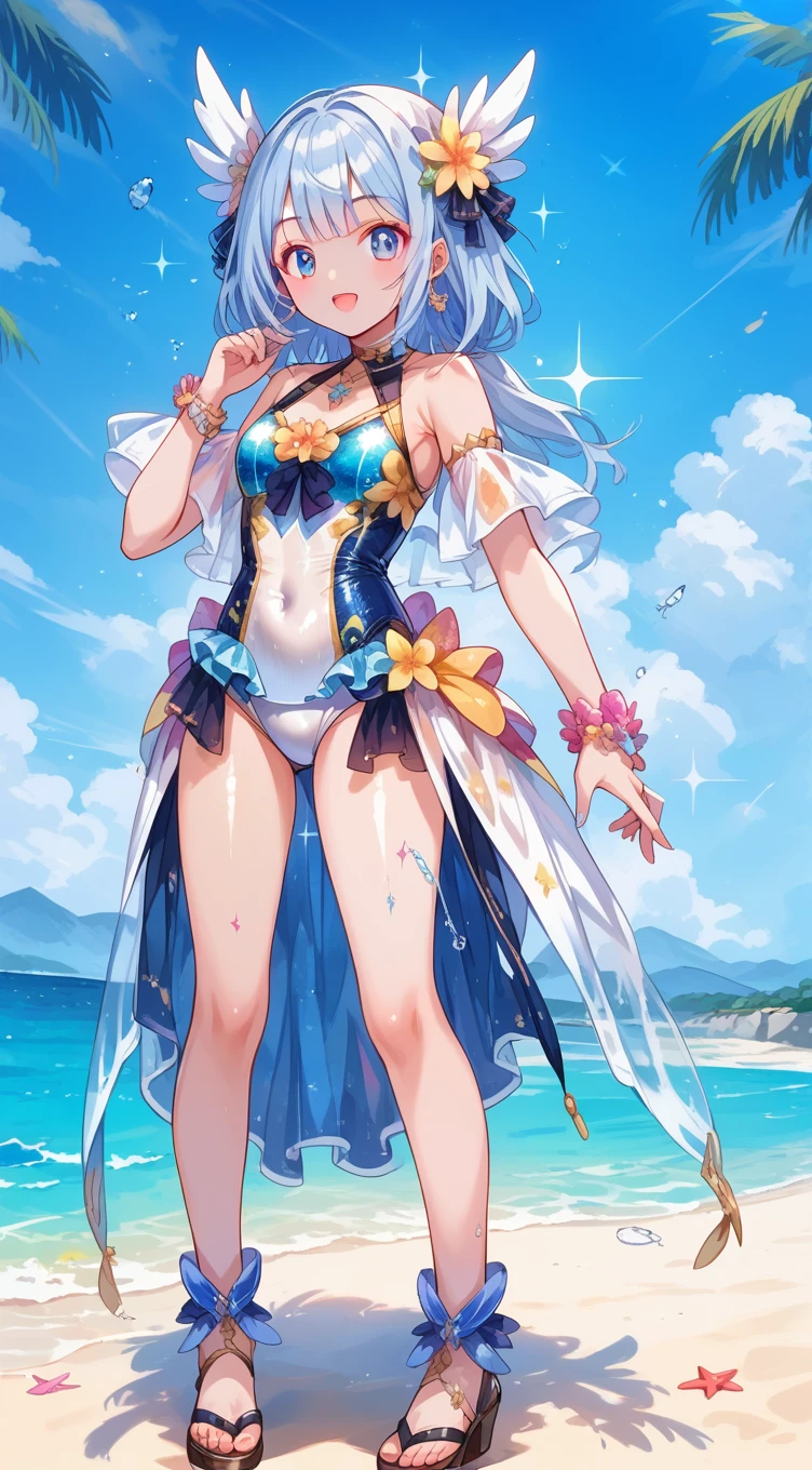 score_9, score_8_up, score_7_up, source_anime,masterpiece, best quality, high resolution, extremely detailed CG, absurdres, highres, 1girl, a dark skin girl in a swimsuit, posing at the beach, (light blue hair), golden_decorations, feathers on swimsuit, ((glitter swimsuit, shiny swimsuit)), Ombre swimsuit, gorgeous swimsuit, beach and blue sky in background, ((transparent_dress)),Colorful portraits, happy,AissistXLv2