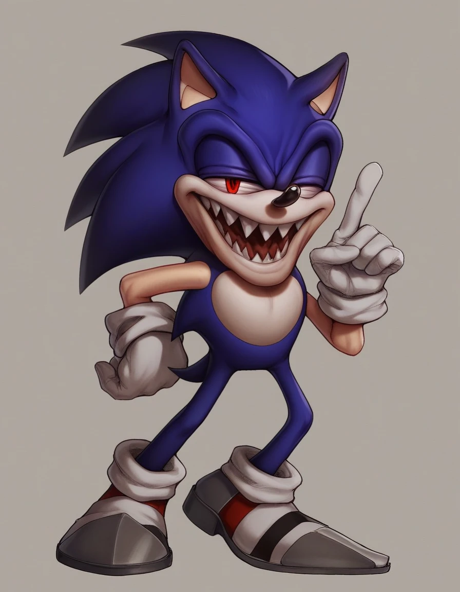 oga, solo, looking at viewer, smile, open mouth, simple background, red eyes, gloves, 1boy, animal ears, blue-ish purple hair, standing, tail, full body, male focus, shoes, teeth, socks, white gloves, hand up, happy, sharp teeth, spiked hair, index finger raised, furry, colored sclera, furry male, body fur, animal nose, sonic the hedgehog X on chest, long arms, scary eyes, grey shoes, white skin