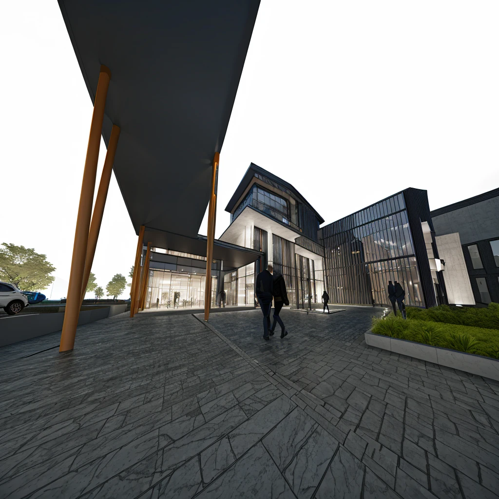 there are two people walking down the street at night, night time render, the sky is deep dark blue,3 d render even lit, architecture render, ground level camera view, 3d render, architectural render, make it look photorealistic for architecture