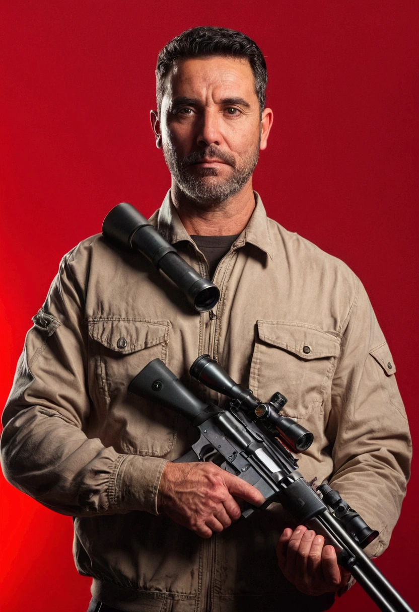 A 21 year man holding rifle gun with red light background 