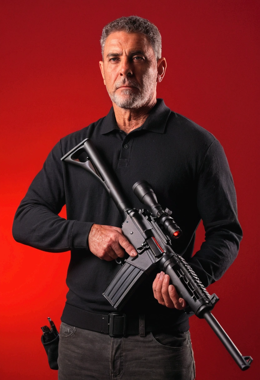 A 21 year man holding rifle gun with red light background 