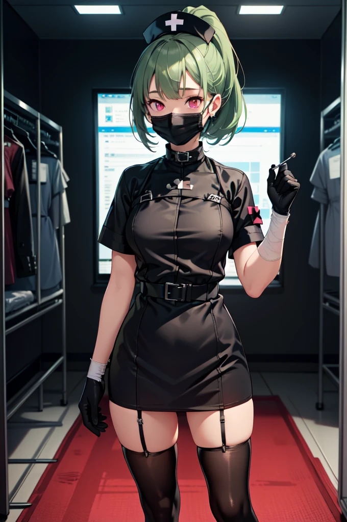 black nurse, 1girl, solo, black nurse cap, black nurse uniform, ((black legwear, zettai ryouiki)), black elbow gloves, ponytail, green hair, pink eyes, ((black surgical mask, covered nose)), standing, ((surgery room)), sharp outline, short sleeves, best quality, masterpiece