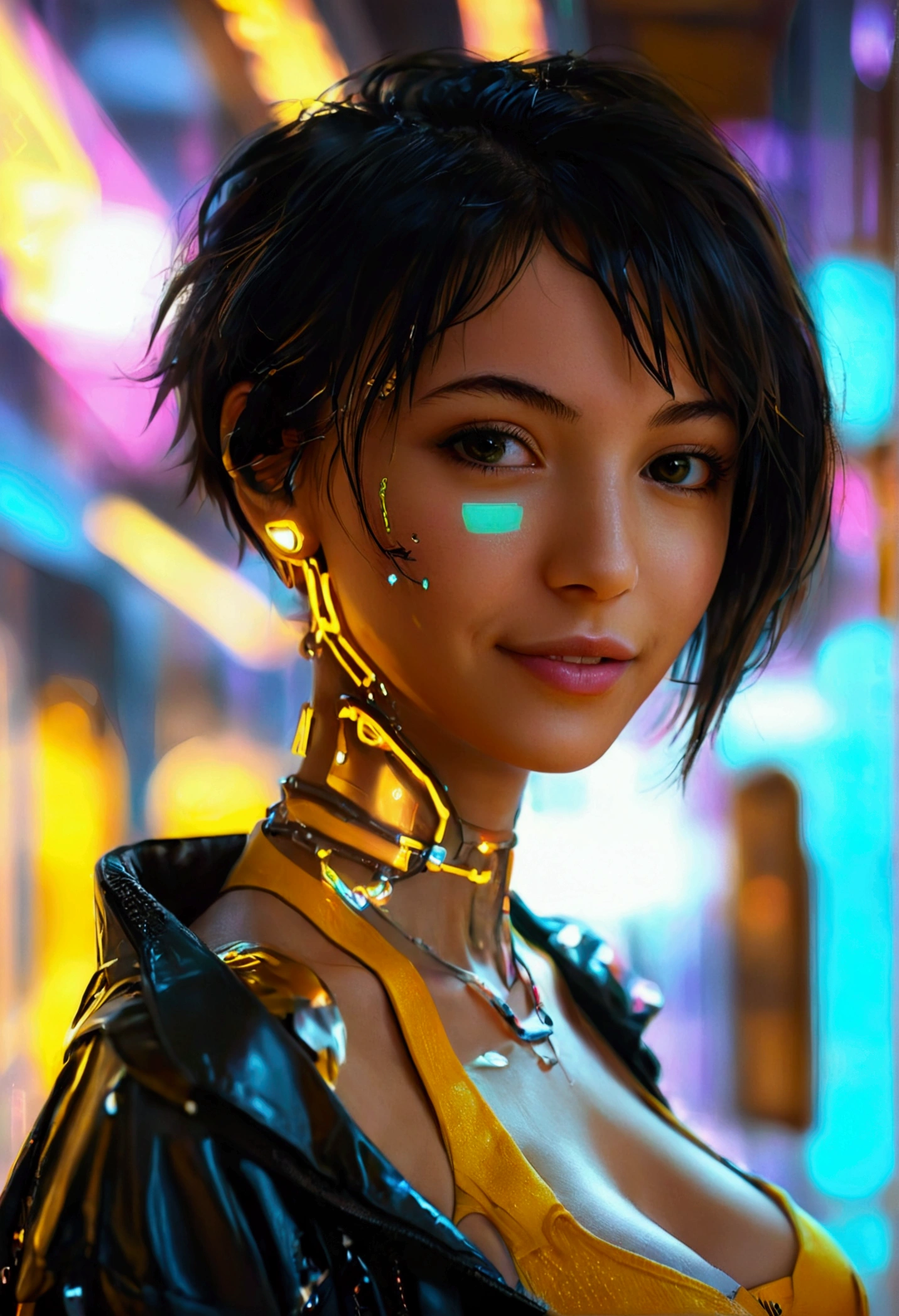 realistic, portrait of a girl,AI language model, short hair, smart, energetic, cheerful, creative, with sparkling eyes and a contagious smile, cybertech wear, sleek and futuristic design elements, 20 years old, 1girl, Moroccan, cleavage, underboob, black jacket, yellow top tank, cyberpunk clothes, cleavage exposed