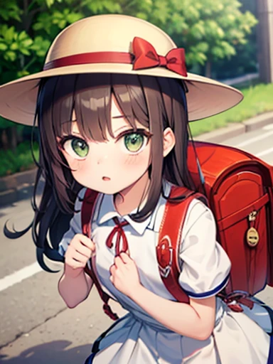 Highest quality,  detailed, High resolution,  Perfect Face, Long wavy brown hair, Stand outdoors,  girl,  She wears a long skirt, Wearing white pantyhose, She wears boots, Green Eyes, She is carrying a red backpack, Sharp focus, whole body, Wearing a white hat