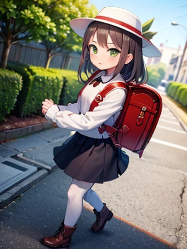 Highest quality,  detailed, High resolution,  Perfect Face, Long wavy brown hair, Stand outdoors, 10 year old girl,  She wears a long skirt, Wearing white pantyhose, She wears boots, Green Eyes, She is carrying a red backpack, Sharp focus, whole body, Wearing a white hat