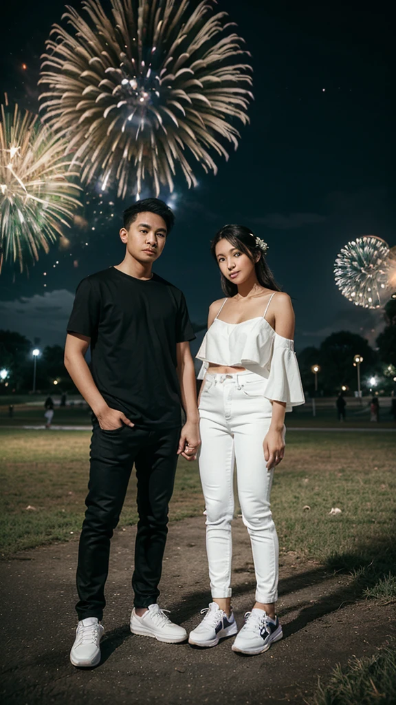 A 25 year old filipina couple wearing a white wedding gown the boy wearing a black wedding attire and white jeans and sneakers.the background is nigth and koraen park and fireworks.