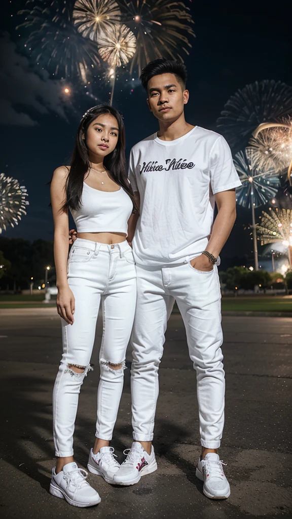 A 25 year old filipina couple wearing a white wedding gown the boy wearing a black wedding attire and white jeans and sneakers.the background is nigth and koraen park and fireworks.
