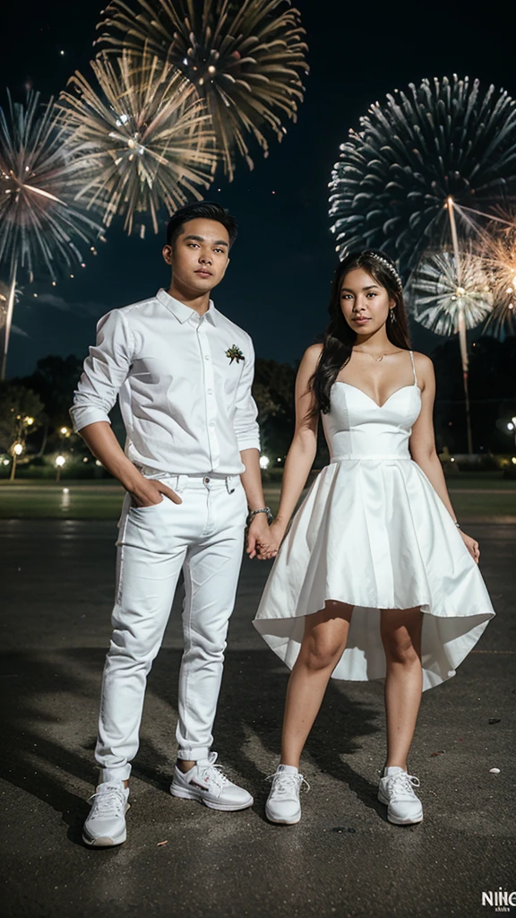 A 25 year old filipina couple wearing a white wedding gown the boy wearing a black wedding attire and white jeans and sneakers.the background is nigth and koraen park and fireworks.