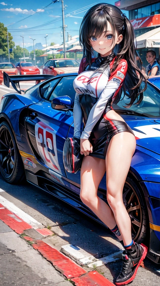 One Woman　Race Queen　Posing for the camera in front of a sports car　High leg　Low - Angle　Cute smile