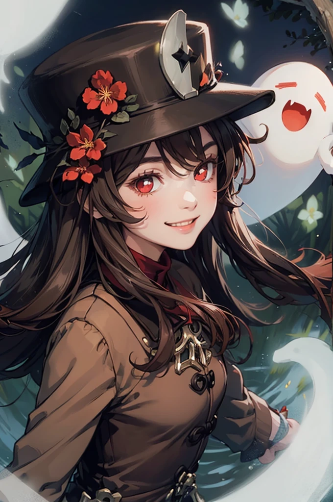 1 girl solo, brown jacket, long brown hair, red eyes, brown hat with red flowers, white ghost smiling, outside in a swampy forest at night, swamp lights, ghost figures around, blue lights flying in the air, will-o-the-wisp