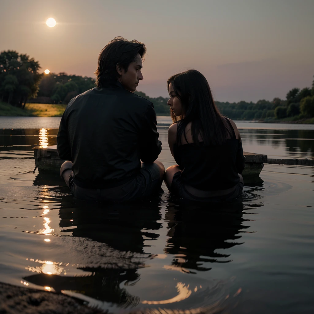 realistic photo, evening pond, peace and quiet, dark silhouette of a beautiful woman and handsomw man sitting on the shore against the background of the setting sun, reflections on the water, beautiful colors, dark shadows, low angle shot, close-up, raw photo