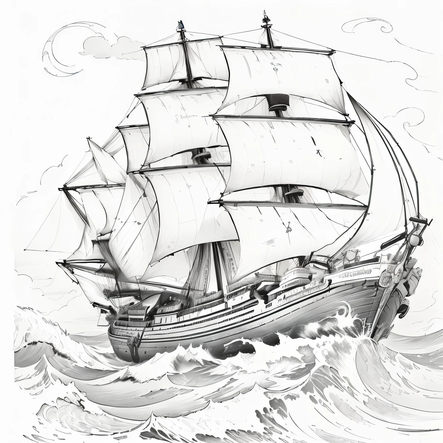 a drawing of a ship, that sails in the ocean with waves, Tattoo sketch of a sea, Ships with sails, line-art, Clean, detailed line drawing with ink, Sailing ship, von Gabor Szikszai, detailed ink illustration, perfect line drawing with pen and ink, detaillierte line-art, full-page illustration, Galleon, Ocean tattoo sketch, highly detailed ink illustration