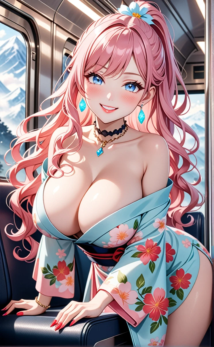ultra-detailed, ((one girl)), (pale skin:1.3), in pastel colors gyaru, (heavy makeup), hyper detailed, absurdres, 8K, Beautiful Face, (Laugh shyly), ((teasing smile:1.8)), ((Wink:1.7)), (Laugh with your mouth wide open),((Tilt your face:1.6)), ((Bright red cheeks:1.6)),Glossy Red Lips, ((Big Breasts:1.5)), (show off breast), ((undressing:1.2)), noon, on the train, (Brighten your face), ((Anime style background)),masterpiece, Highest quality, so beautiful,Latest, Complex details, (Pink long nails), (nail art), (ring),(bracelet), (Floral Choker),AI-generated, Complex,High resolution, Highest quality, super high quality,3D Images、3D Images,One person,Pastel pink long hair,(High Ponytail), (wavy hair:1.3), Pastel anime woman posing for a photo, ((Fine grain、blue eyes、glowing eyes:1.4)), (Squint your eyes:1.1),a hyperRealistic , hyperRealistic , Realistic,Anime woman with long pastel pink hair, Smooth anime CG art, A girl in a gorgeous pastel-colored kimono, ((Pastel-colored furisode)),(Pink large floral pattern), Long flower hair ornament,Floral Earrings,Mature Body, tall,Narrow waist, ((Sit in the seat)), ((leaning forward:1.3)), ((from side)), ((looking far away:1.8)),