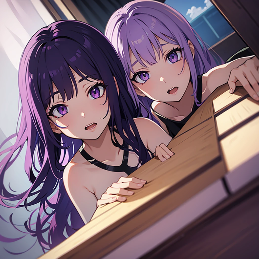 Purple hair, long, slanted eyes, game, ahegao