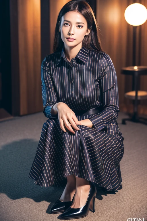 (8K, Highest quality, Ultra-high resolution、masterpiece、Raw photo)、Portrait, Ultra high resolution raw color photos, Professional photos、(Realistic, Real photo),(1 person)、(Delicate face、Detailed face and eyes、High definition eyes、double eyelid、Glossy lips)、Beautiful woman with perfect body、Full body image, Glowing Skin、Dark brown hair、Large Breasts、Sharp long legs、(Happy expression)、(Collared shirt)、(Striped midi skirt:1.3)、(silk pantyhose)、High heels、Sitting pose, High-definition skin texture、Night in the background、Wind、Starry Sky、moon、((Perfect body、Perfect Anatomy、Anatomically correct))