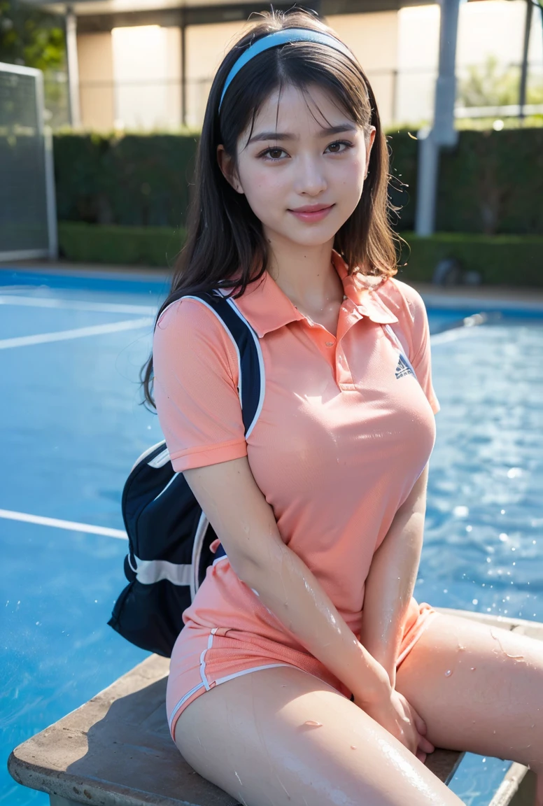 (((pull own uniform:1.9))),(((pull own uniform:1.9))),(((neat woman,heavy make up,cowboy shot,sitting down on the bench))),(((kind little smile:1.8,kind little smile,blush:1.8,blush,deep cheek:1.8,deep cheek:1.8,thick eyeliner:1.5,thick eyeliner))),(cinematic lighting), (Photo real:1.4)、(A hyper-realistic:1.4)、(Photorealistic:1.3)、 (gentle lighting: 1.05)、(Improve the lighting quality of your video:0.9)、 32k、25years old woman、photorealistic lighting、Back lighting、Facial Lights、Ray Trace、(bright:1.2)、(Increase quality:1.4)、 (best quality real texture skin)、Fair eyes,delicate face、 Close-up of the face, ((((Wearing the tight coral tennis uniform))),(((very sweat:1.5,sweat,little wet coral uniform))), high-neck:1.4,mini skirt,high-heel))),(Bodyline mood improvement:1.1)、Glossy skin、good figure,perfect anatomy,Beautiful actress,(((beautiful huge breasts,slender waist,slender hip,long slender legs,8heads tall))),(((8heads tall))),(((wavy midium hair,bangs,hairband))),(((sweat skin,shiny skin,in the beautiful modern night pool,super clean night view,in the night))), (((masturbation、hand between the legs:1.5,Touching pussy、wet panties,Masturbation)))