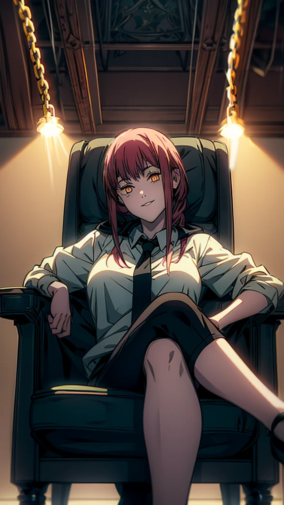 Makima, ringed eyes, light-red hair, braided ponytail, bangs, glowing yellow eyes, sidelocks, long hair, white polo uniform, 1girl, black leggings, sitting on the chair, elegant black chair, solo, bangs, red glowing chains in the background, looking_at_viewer, shadow, smirking, legs crossed, (shaded face:1.2), hollow eyes, ringed eyes, yellow eyes, looking at viewer, heavy breathing, seductive smile, lips, hood, "glow effects, godrays, Hand drawn, render, 8k, octane render, cinema 4d, blender, dark, atmospheric 4k ultra detailed, cinematic, Sharp focus, big depth of field, Masterpiece, colors, 3d octane render, 4k, concept art, trending on artstation, hyperrealistic, Vivid colors, extremely detailed CG unity 8k wallpaper, trending on CGSociety, Intricate, High Detail, dramatic"