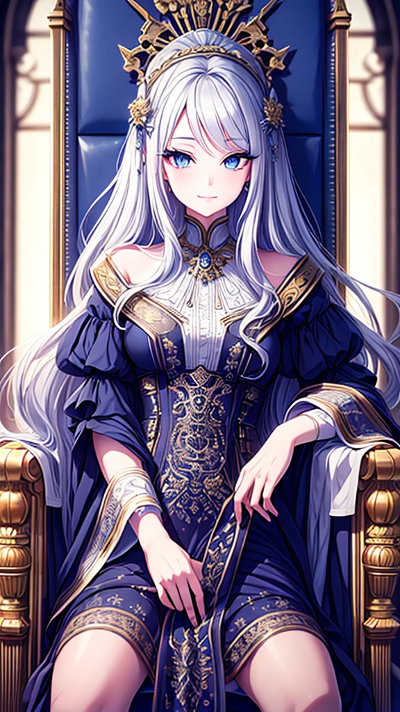 ((best quality)), ((masterpiece)), (detailed), une fille, visage parfait, Longhaire, ((golden hair)), curly hair, decorated cheveux, ultramarine blue eyes, ((((Diva del cielo, La más alta calidad, ultra alta resolución)))), 1girl, majestic, sitting, (long silver hair), (pale complexion), ((azure eyes:1.2)), ((glowing_eyes:0.8)), (((ultra detailed face:0.9, beautiful and detailed eyes:1)), ((regal:0.9), (graceful:1.1))), (royal attire), (((seated on throne:1))), right hand on hip, ((expressive face:1)), beautiful lighting, indoor, throne room, ((defined subject:1)), 25 years old, ((serene smile)), ((heroic)), ((high contrast))