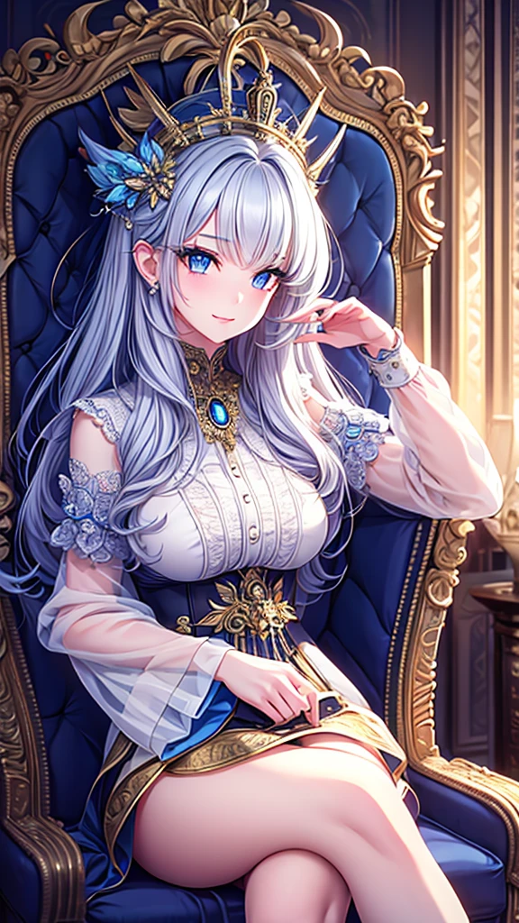 ((best quality)), ((masterpiece)), (detailed), une fille, visage parfait, Longhaire, ((golden hair)), curly hair, decorated cheveux, ultramarine blue eyes, ((((Diva del cielo, La más alta calidad, ultra alta resolución)))), 1girl, majestic, sitting, (long silver hair), (pale complexion), ((azure eyes:1.2)), ((glowing_eyes:0.8)), (((ultra detailed face:0.9, beautiful and detailed eyes:1)), ((regal:0.9), (graceful:1.1))), (royal attire), (((seated on throne:1))), right hand on hip, ((expressive face:1)), beautiful lighting, indoor, throne room, ((defined subject:1)), 25 years old, ((serene smile)), ((heroic)), ((high contrast))