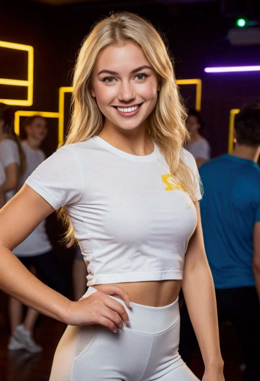 Ala Fed gorgeous woman in white dry fit regatta standing in dance club, dressed in a white t-shirt, Beautiful blonde woman, Alexa Grace, wearing tight shirt, Light and cute smile, wearing a cute top, Beautiful and seductive smile, Good young girl, Blonde goddess, tight shirtp, Leggings in a white shirt, beautiful and smiling, Young and beautiful woman. Very beautiful but looks realistic.